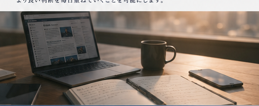 朝のコーヒー、ノート PC、手帳が並ぶ静かな机